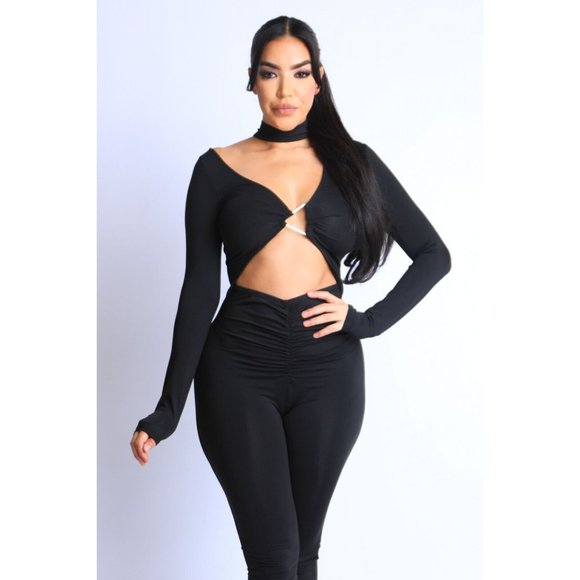 Women's Sexy Triangle Ring Front Black Jumpsuit Back Zip Long Sleeve Party Club - Picture 3 of 7